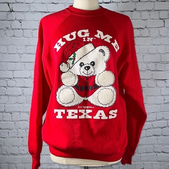 Red Hug Me In Texas 80s Christmas Teddy Bear Vintage Sweatshirt 1987 size XL - Picture 1 of 16